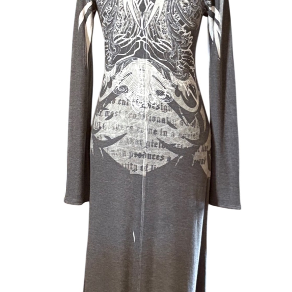 Elegant Gray Long Sleeve Dress with Artistic Patterns